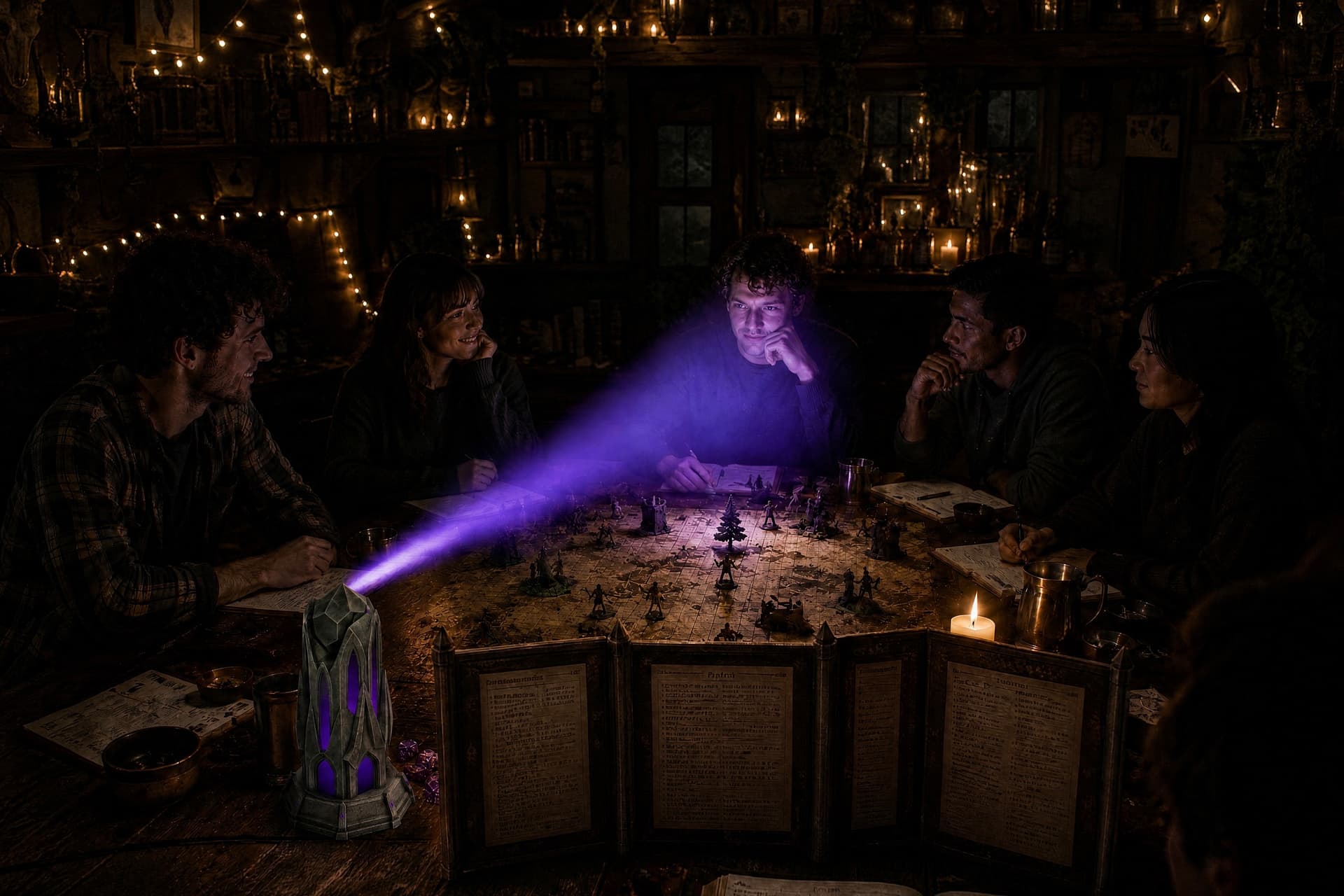 Kirend Beacon projecting purple light across a tabletop game session.