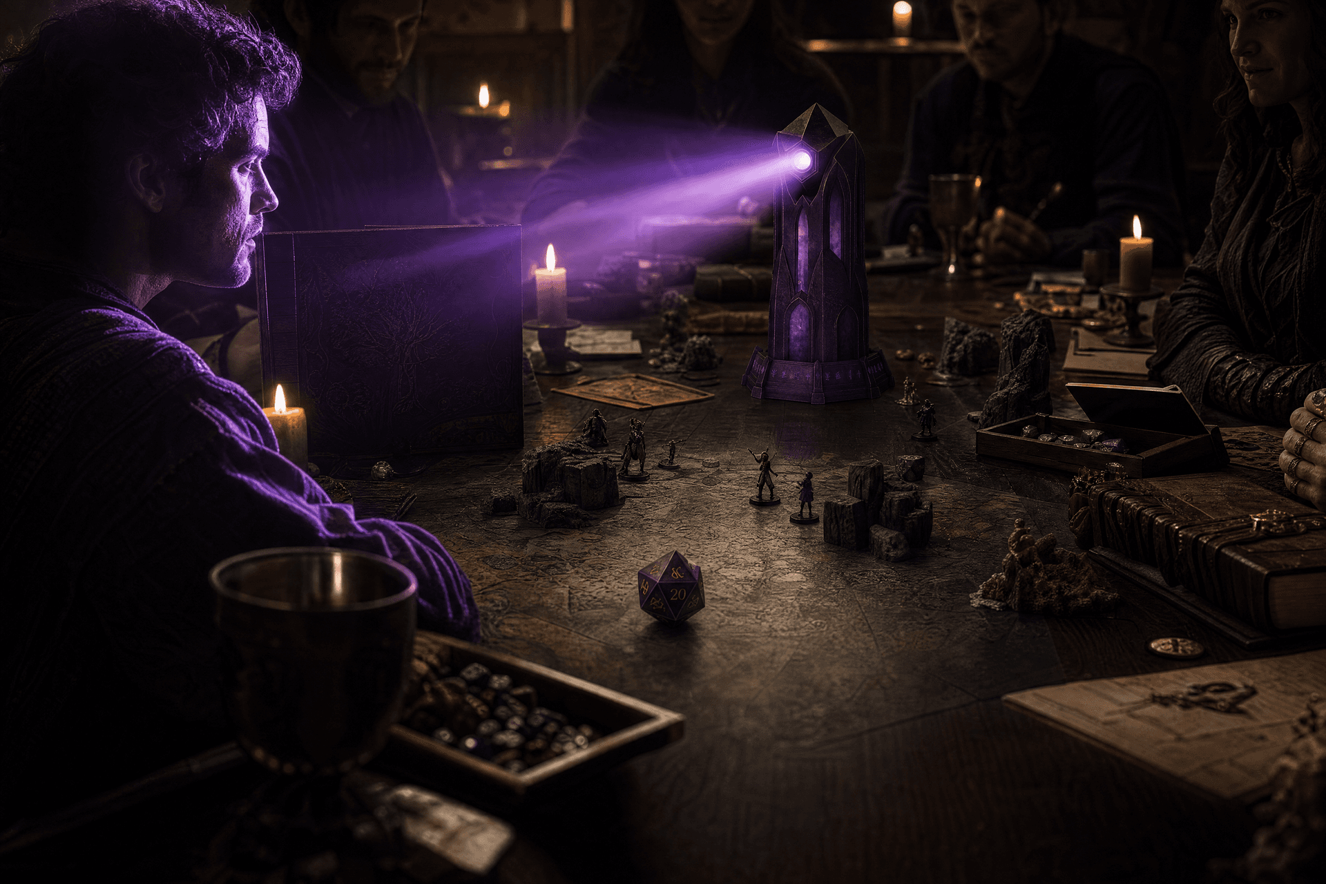 A purple-lit tabletop fantasy scene for immersive ambient play.
