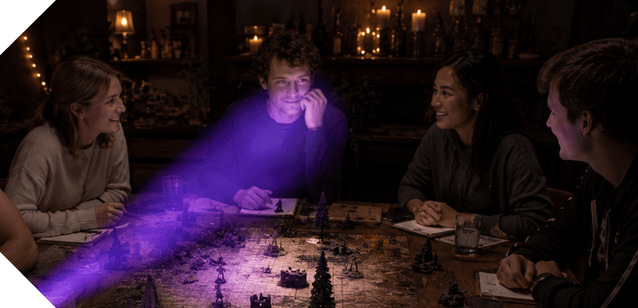 A tabletop group with a purple spotlight focused on the active player.
