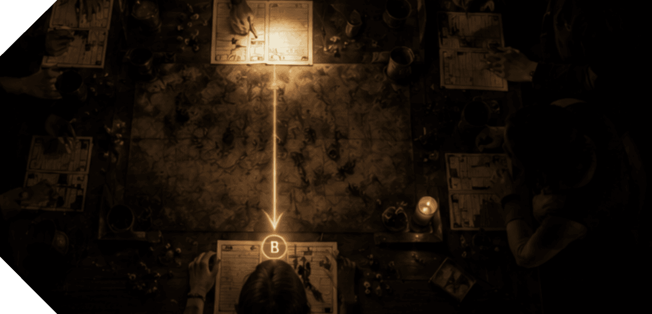 A tabletop map with a warm beam cueing the next active player.