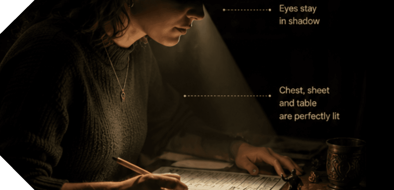 A player writing in focused tabletop light while their eyes stay shaded.